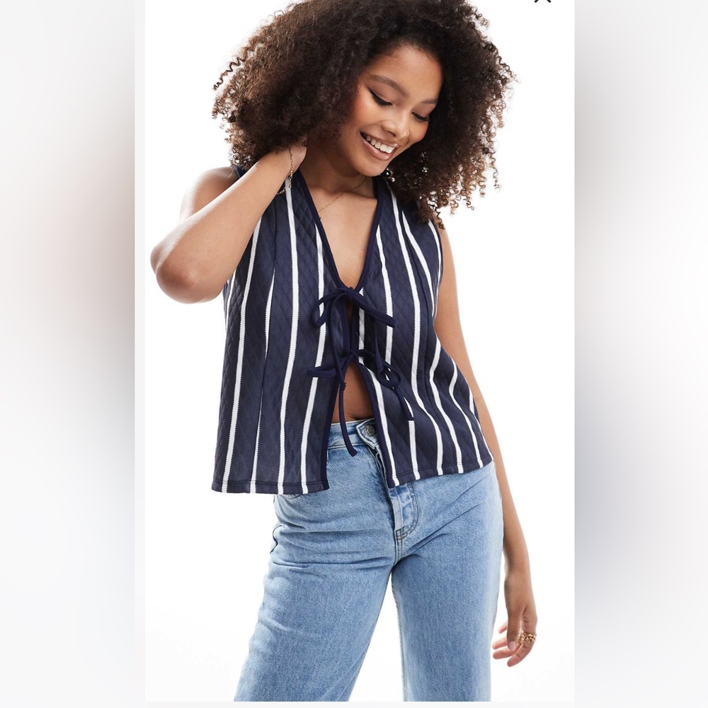 ASOS DESIGN quilted tie front vest in navy and white stripe 3 for $20